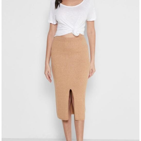 Free People Skyline Rib-Knit Midi Skirt sz XS Caramel Heather minimalist neutral - Picture 1 of 7